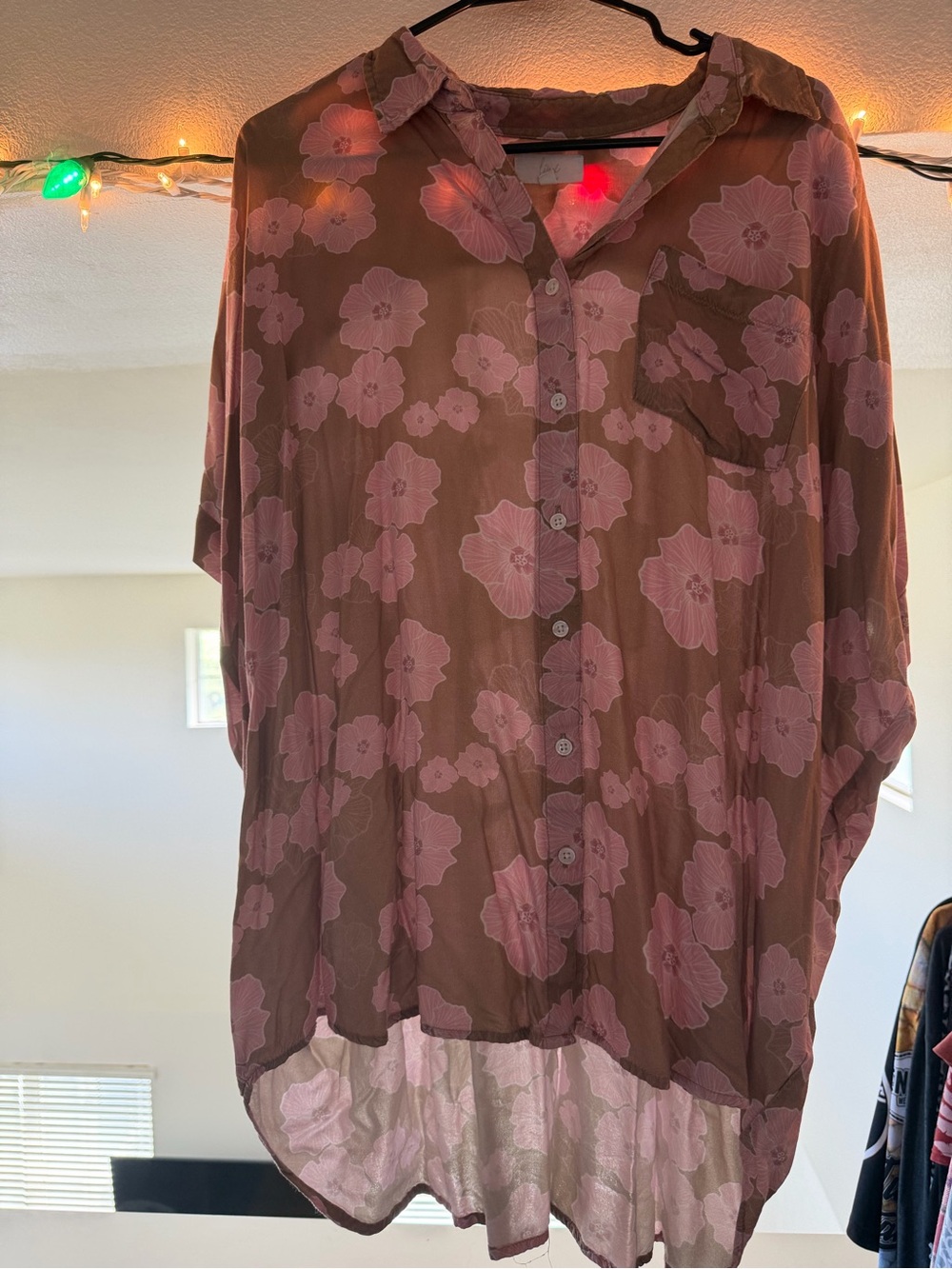 Relaxed Brown Button-Down Shirt with Pink Floral Print